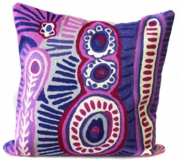 Woven woollen cushion cover 40cm x 40cm with zipper, stitched onto cotton base. Artwork, Two Dogs Dreaming, by Murdie Morris. Violet, pink background; red, white, blue circles and brushstrokes.