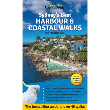 'Sydney's Best Harbour and Coastal Walks' book featuring a photo of a pool next to the ocean and houses on the coastline. There is a close up of a cockatoo in the bottom left corner.
