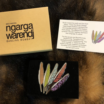 Enamel on metal brooch of a group of colourful feathers in colours red, green, blue and purple with different patterns. 