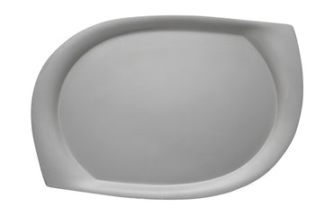 A silver tray in an abstract rectangle shape with curved edges leading to two points in opposite corners.