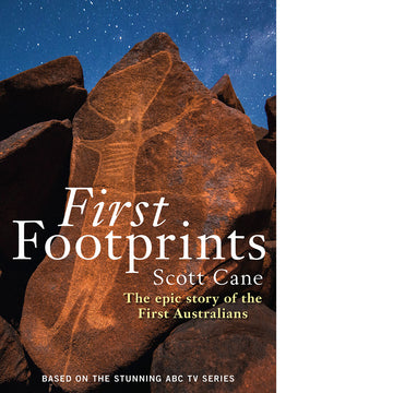 'First Footprints The Epic story of the First Australians' book cover featuring a close up photo of a rock with an illustration and the starry sky in the background.