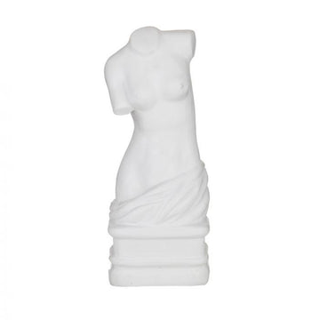 A sculpture of a female body without a head and arms in white.