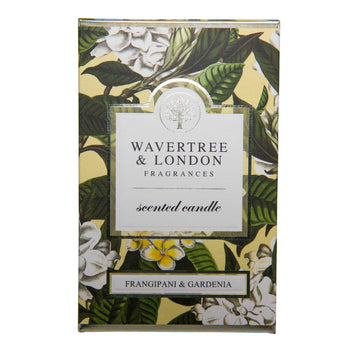 Candle by Wavertree and London. Frangipani and Gardenia. Clear Glass jar packaged in a green and white floral box.