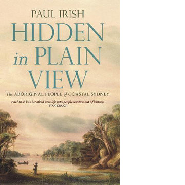 'Hidden in Plain View: The Aboriginal People of Coastal Sydney' book cover showing a landscape with silhouetted figures in a boat on a body of water and a silhouetted figure standing on the edge of the water.