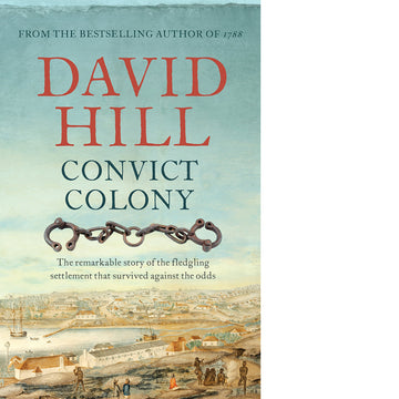 'Convict Colony' book cover featuring an illustration of people sitting and standing on land with buildings and water in the distance.