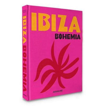 'Ibiza Bohemia' front cover features a dark pink leaf on a pink background. The title is written in yellow and black at the top.