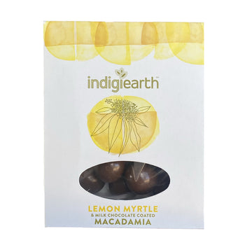 A white packet with yellow illustrations and a oval window showing chocolate inside.