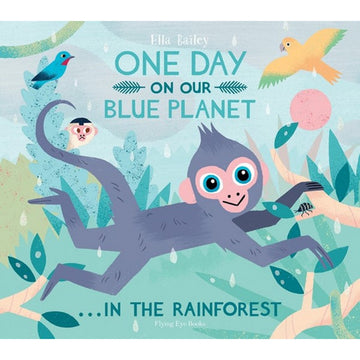'One Day on our Blue Planet... in the Rainforest' book cover featuring an illustrated monkey swinging between trees in a rainforest.