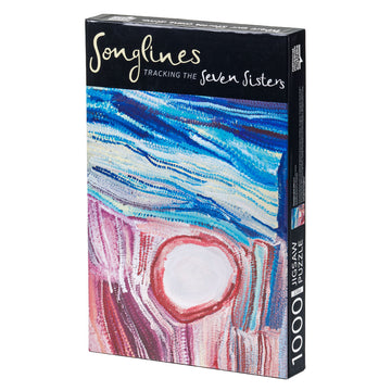 Jigsaw box of Parnngurr Rock Hole artwork from the Songlines featuring the colours red and blue.