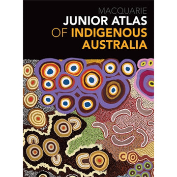 'Junior Atlas of Indigenous Australia' book cover featuring Indigenous artwork in purple, black and red.