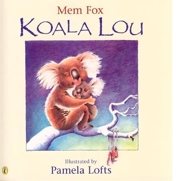 'Koala Lou' book cover features a coloured illustration of a Koala embracing a joey, sitting on a barren tree branch. A pair of red shoes hang off the branch by the laces. Hues of blue fill the backdrop.