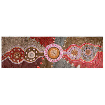 Rectangle Australian made polyester chiffon scarf 40cm x130cm. Artwork by Norman Cox titled Kanga Story. Pink, grey, red, lines. Dark ochre, grey, white dot art. Australian made. 