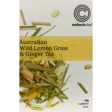 Packaging of the tea shown with the ingredients of lemongrass and ginger shown.