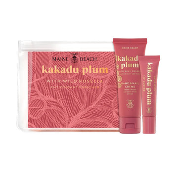 Kakadu Plum Pack. 1x lip balm 1x lip gloss. Both packaged in a pink tube with gold writing.