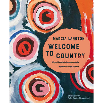 'Welcome to Country' book cover featuring a painting of three circles in pink, red and greens.