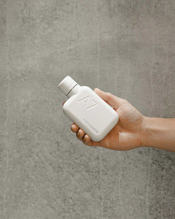 A small stainless steel water bottle in an A7 size.