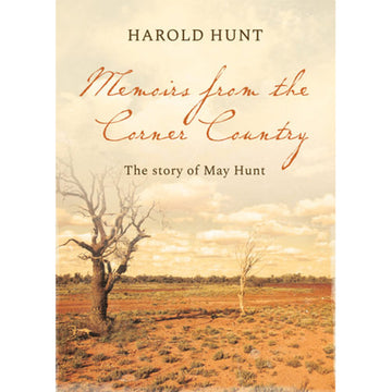 'Memoirs from the Corner Country' book cover featuring a illustration of two trees without leaves in the outback.