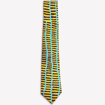 A yellow tie with black horizontal lines and three blue vertical lines featuring artwork by Wokka Taylor.