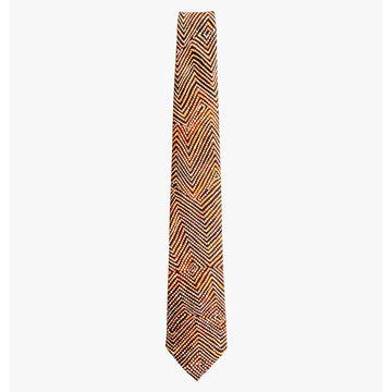 A tie featuring brown, black and orange artwork by Phyllis Donegan.