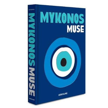 'Mykonos Muse' book cover features a dark blue background with a circular design in blue and white. At the top is the book title in blue and white.
