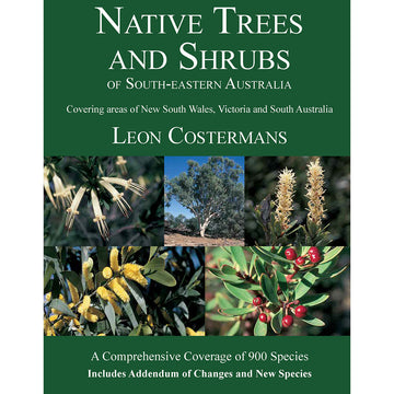'Native Trees and Shrubs of South Eastern Australia' book cover featuring a collage of five photos of different plants on a green background.