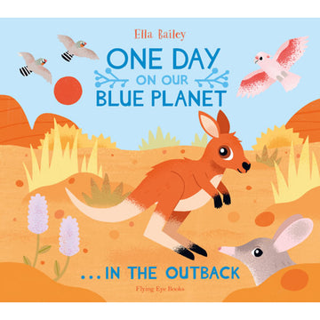 'One Day on our Blue Planet... in the Outback' book cover featuring an illustration of a kangaroo hopping in the outback with birds in the sky.