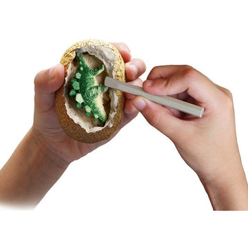 A dinosaur egg is inside a plastic bag with a green product label across the middle. The label has a photo of a dinosaur on the side.