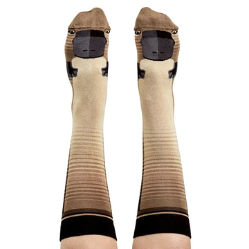 A person's legs wearing knee high socks printed with a platypus face over the feet.