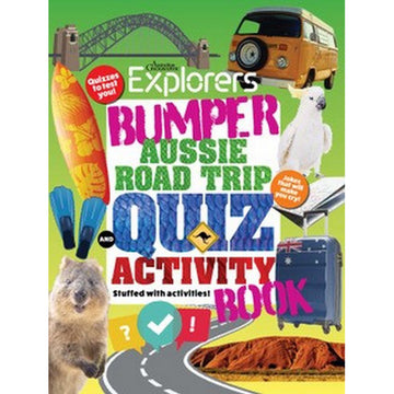'Bumper Aussie Road Trip Quiz and Activity Book' front cover featuring photos of relevant items including a mini bus, cockatoo, suitcase and Uluru.