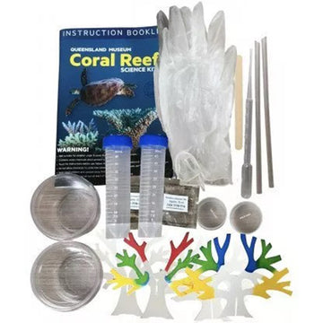 Front box of the Coral Reef Science Kit with a photo of a turtle swimming in the ocean along side coral and three yellow fish.