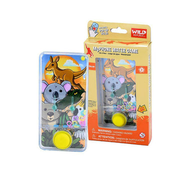 A water game in the shape of a phone and an illustrated background of Australian animals. The game has two poles and lots of coloured rings with a large yellow button to move the rings onto the poles. A second water game is pictured inside a yellow box with a clear window on the front.