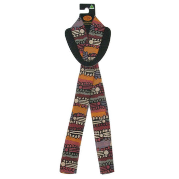 Rectangle, polyester chiffon scarf, folded onto Outstations branded hanger. Artwork titled Patchwork, by Judy Matin. Orange, Pink, grey lines; black linework; white circles. Australian made.