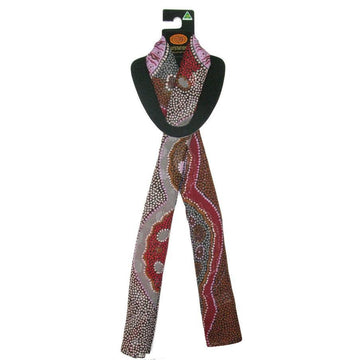 Rectangle Australian made polyester chiffon scarf 40cm x130cm. Artwork by Norman Cox titled Kanga Story. Pink, grey, red, lines. Dark ochre, grey, white dot art. Australian made. 