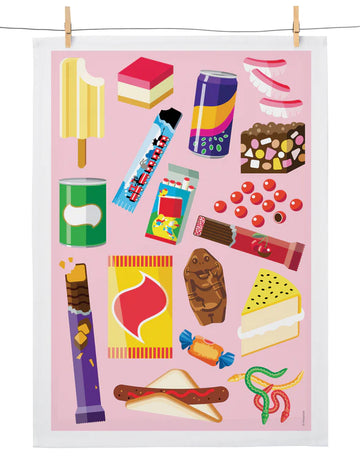 A tea towel printed with illustrations of different Australian snacks including a sausage in bread, milo, a freddo frog and a sausage in bread.