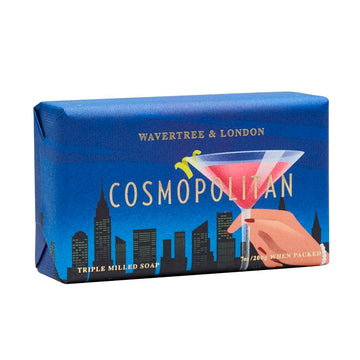 Blue packaged soap with a hand holding a martini glass and "Cosmoplitan" clearly stated on the front.