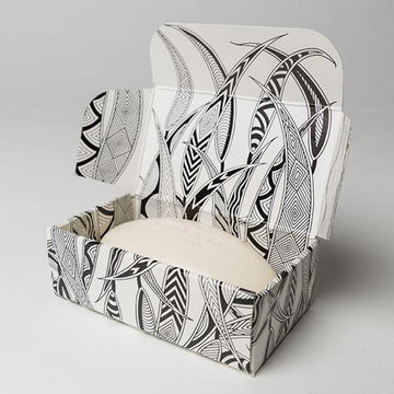 A soap box pictured featuring artwork by Ngarga Warendj in black and white.