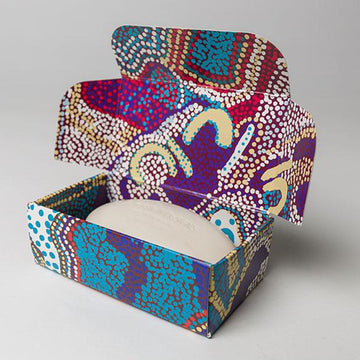 Soap box pictured featuring artwork by Elaine Warnatjura Lane in purple, brown and red.