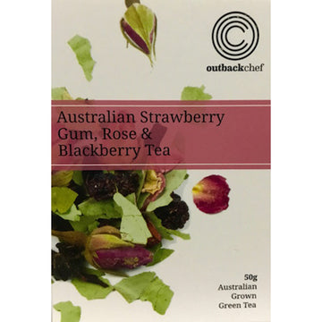 Packet of tea featuring an image of flowers and blackberries with a pink bar under the tea's name.