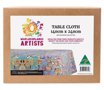 Poly cotton table cloth featuring artwork by Judy Watson from Warlukurlangu Artists packaged in a cardboard gift box.