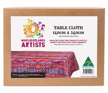 Poly cotton tablecloth 140cm x 240cm, made in Australia. Red, pink, orange, purple artwork by Murdie Morris from Warlukurlangu Artists. Cardboard gift box, with artwork image and text.