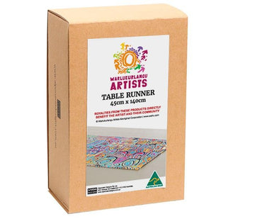 Cardboard box for a table runner featuring a photo of the runner with product information on the front.