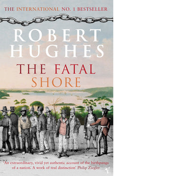 'The Fatal Shore' book cover featuring an illustration of people standing in front of landscape of water and mountains.