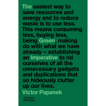 'The Green Imperative: Ecology and Ethics in Design Architecture' book cover featuring a green cover with a long quote written in black and green text.