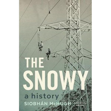'The Snowy: A History' book cover depicts two people hanging from a powerline. The titleof the book is in large white letters at the bottom.