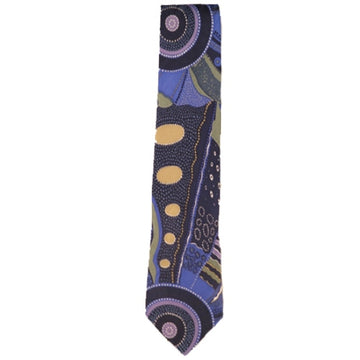 Australian made, polyester printed tie. Artwork by Norman Cox titled Kanga Story. Purple, olive, and grey tones. Large circles decrease to smaller. yellow ochre circular shapes.