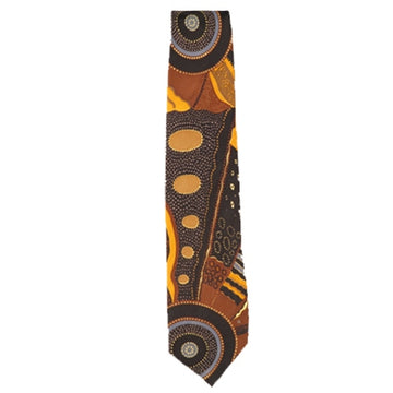 Australian made, polyester printed tie. Artwork by Norman Cox titled Kanga Story. Brown, olive, and grey tones. Large black, grey, circles within each other. Yellow ochre circular shapes, dot art.