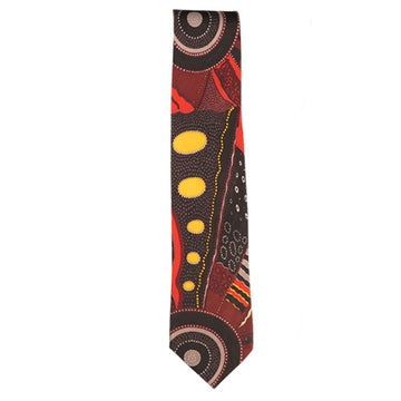 Australian made, polyester printed tie. Artwork by Norman Cox titled Kanga Story. Red, Maroon, black, tones. Large black, pink, circles within each other. Yellow circular shapes, dot art.