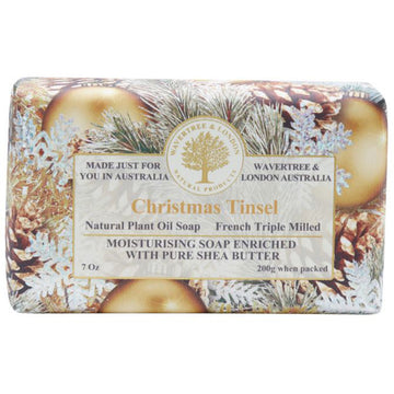 Packaging of the Christmas Tinsel soap featuring images of baubles, snowflakes and tinsel.