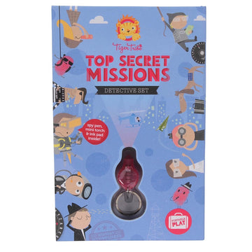 'Top Secret Missions Detective Set' box cover showing illustrated kids performing spy activities including using goggles, binoculars and other spy equipment.