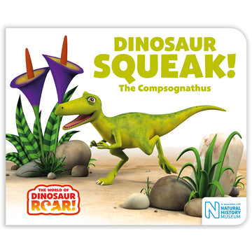 'Dinosaur Squeak! The Compsognathus' book cover featuring a 3D illustrated green dinosaur standing in front of plants and rocking smiling.